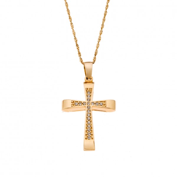 Σταυρός Χρυσός 14 Καρατίων Διπλής Όψης με Ζιργκόν (Δεν συμπεριλαμβάνεται η αλυσίδα στην τιμή)