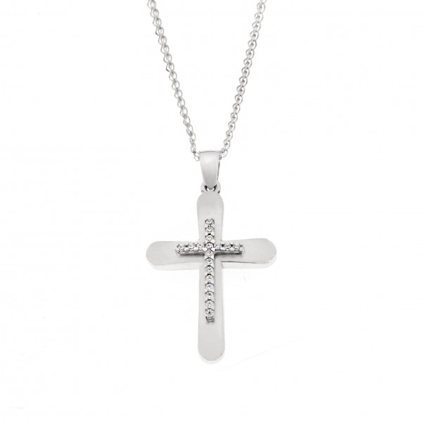 Σταυρός Λευκόχρυσος 14 Καρατίων Διπλής Όψης με Ζιργκόν (Δεν συμπεριλαμβάνεται η αλυσίδα)