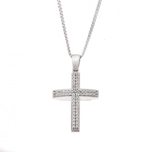 Σταυρός Λευκόχρυσος 14 Καρατίων Διπλής Όψης με Ζιργκόν (Δεν συμπεριλαμβάνεται η αλυσίδα)