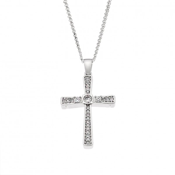 Σταυρός Λευκόχρυσος 14 Καρατίων Διπλής Όψης με Ζιργκόν (Δεν συμπεριλαμβάνεται η αλυσίδα)