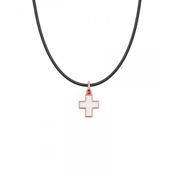 Square cross 9kt gold pendant with essenza, on black cord 