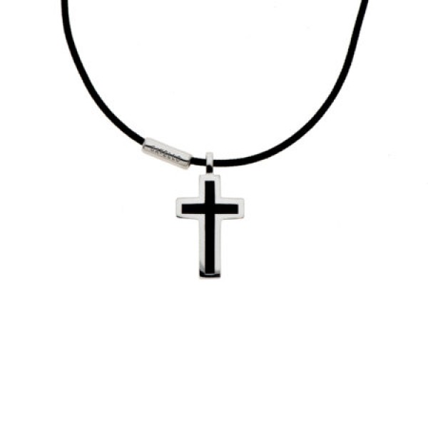 My Gavello Leonardo cross sterling silver pendant with essenza, on black cord with signature 'Gavello