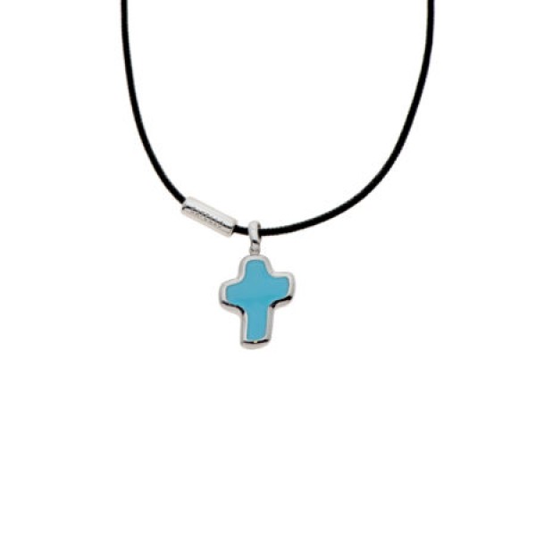 My Gavello Vento cross sterling silver pendant with essenza, on black cord with signature 'Gavello