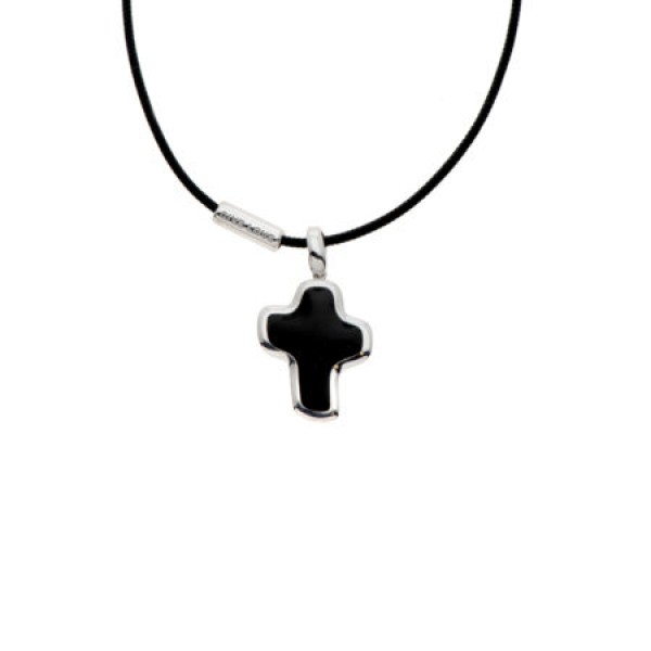 My Gavello Vento cross sterling silver pendant with essenza, on black cord with signature 'Gavello