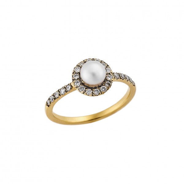 Ring yellow gold 18carats with Pearl and diamonds 0.24ct