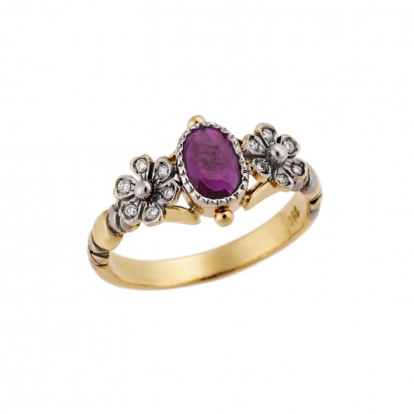 Ring yellow gold 18carats with Ruby 0.54ct and diamonds 0.07ct