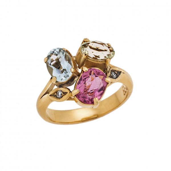Ring yellow gold 18carats with Mineral stones and Diamonds 0.04ct