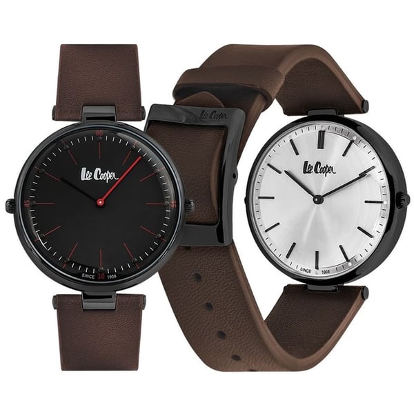 Lee Cooper double-sided men's watch with leather strap and black dial