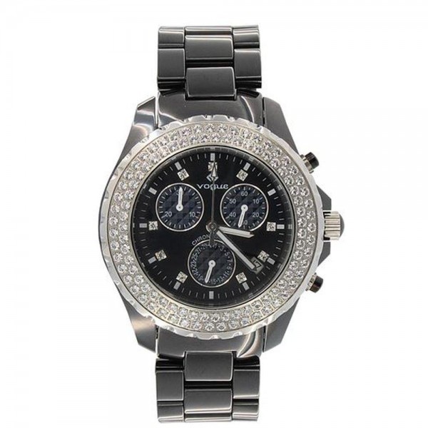 Vogue Ceramic, Women's Watch with Chronograph and Bezel of the Dial Covered with Zircon